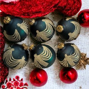 Set of 6 Vintage Matte Green With Gold Glitter Angels Glass Christmas Ornaments